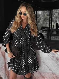 French style black and white polka dot long sleeve dress with V-neck and elastic waist