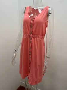 Sleeveless pink V-neck dress with button front and elastic waist on mannequin