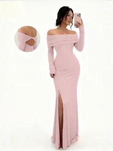 Elegant pink off-the-shoulder long sleeve maxi dress with side slit and back cutout detail.