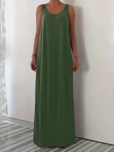 Elegant sleeveless solid olive green maxi dress for women showing a relaxed full length fit