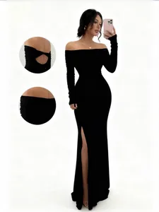 Elegant black off-the-shoulder long sleeve maxi dress with side slit for women