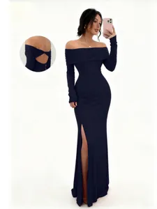 Elegant navy off-the-shoulder long sleeve maxi dress with a high slit and back cutout.