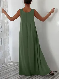 Back view of a sleeveless olive green maxi dress featuring a loose casual fit for summer.