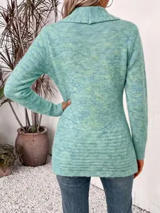 Back view of a casual mint green marled knit cardigan for women with a relaxed fit