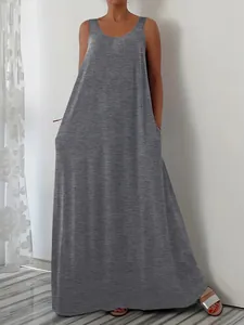 Full-length casual grey sleeveless maxi dress featuring side pockets and a relaxed fit