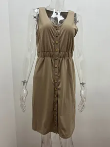 Front view of khaki sleeveless V-neck dress with button detailing and elastic waist