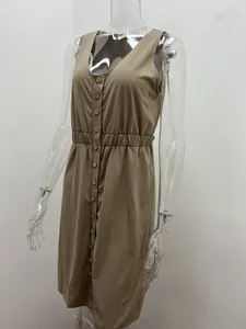 Elegant solid khaki sleeveless V-neck button-down mini dress with elastic waist detail
