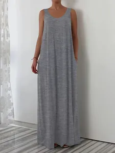 Front view of a gray sleeveless maxi dress featuring two convenient side pockets