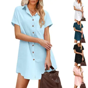 Detailed display of fashionable short sleeve button-up shirt dresses in various colors