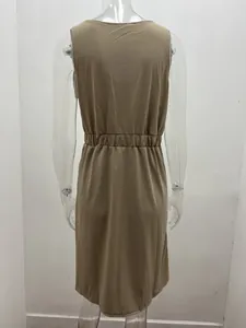 Back view of khaki sleeveless dress featuring a comfortable elastic cinched waistline