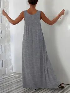 Detailed back view of a grey casual sleeveless maxi dress featuring a loose and comfortable fit