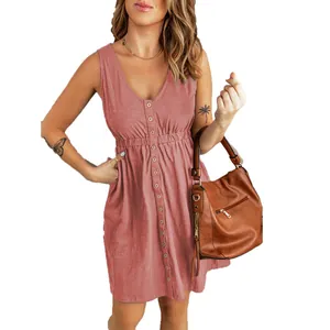 Front view detail of a pink sleeveless V-neck dress with button-down and elastic waist