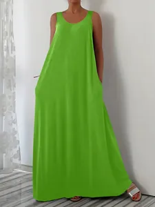Summer sleeveless lime green maxi dress featuring side pockets and a relaxed fit.
