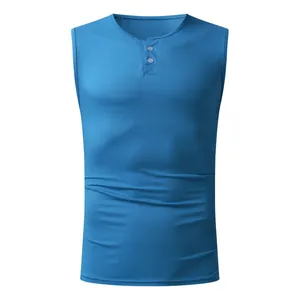Detail view of men's blue sleeveless Henley tank top with a three-button neckline