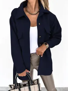Dunkelblauer Wollmantel für Damen mit Reverskragen und Bindegürtel für Herbst Winter