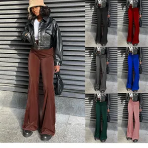 Elegant women's high-waisted solid color velvet flare pants available in multiple colors