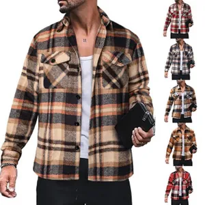 Men's plaid flannel shirt jacket with double chest pockets in various colors