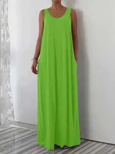 Detailed view of a lime green sleeveless casual maxi dress featuring side pockets for summer