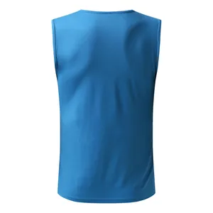 Rear view detail of a plain blue men's sleeveless tank top showing fabric texture