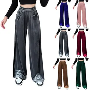Various colors of women's velvet wide-leg trousers with elastic waist and side stripes