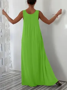 Back view of a vibrant lime green sleeveless maxi dress with a loose casual fit for summer