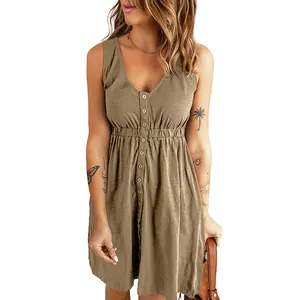Close-up detail of khaki sleeveless V-neck button-down mini dress with elastic waist design