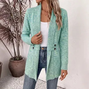 Women's casual mint green space-dye knit cardigan with double-breasted detail and shawl collar