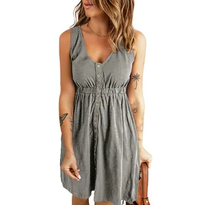 Grey sleeveless V-neck button-up mini dress with elasticated waist for summer wear