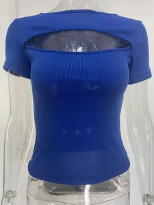 Detailed view of a stylish women's royal blue ribbed short sleeve top with chest cutout