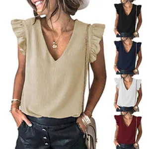 Detailed view of casual women's V-neck ruffle sleeveless loose top in various colors