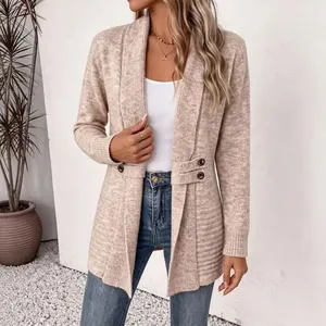 Casual women's mid-length cardigan with decorative double buttons in beige knit.