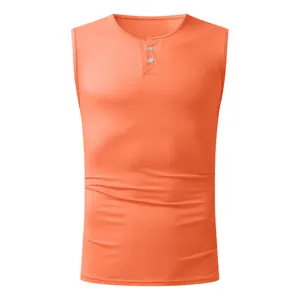 Front view of a bright orange men's sleeveless henley tank top on white background.