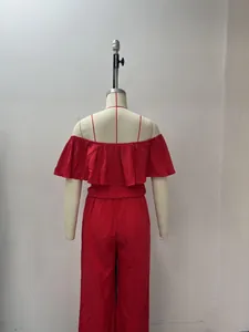 Elegant red off-shoulder ruffle top and matching wide-leg pants set, back view on mannequin