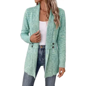 Casual mint green marled knit cardigan for women with decorative double-breasted straps