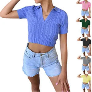 Cable-knit short sleeve V-neck crop top sweater available in multiple vibrant colors
