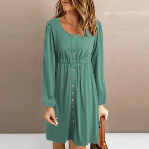 Elegant teal long-sleeved button-down short dress with elastic pleated waist