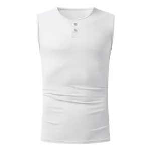 Close-up of a white men's sleeveless Henley t-shirt featuring a buttoned neckline.
