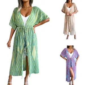 Three colors of bohemian geometric print long cover-up cardigans for women beachwear