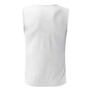 Back view showing the clean stitching and fabric texture of a white men's sleeveless tank top.