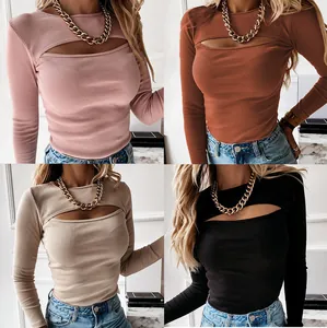 Detail view of the ribbed long-sleeve top with chest cutout in four colors.