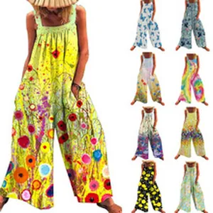 Macro view showing a collection of loose printed wide-leg jumpsuits in various floral patterns