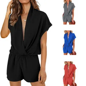 Casual V-neck short sleeve romper for women in multiple colors including black and blue