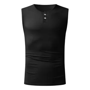 Detailed front view of black men's sleeveless casual Henley vest with two white buttons