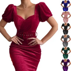Elegant red velvet puff sleeve dress with matching belt and heart neckline for women