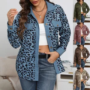 Detailed view of women's leopard print corduroy jacket featuring multiple color options