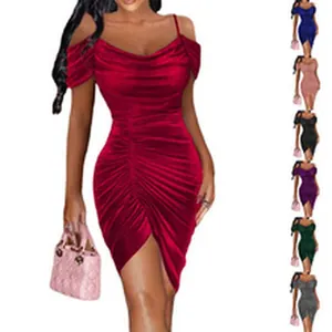 Elegant ruched off-the-shoulder bodycon dress shown in multiple vibrant color options.