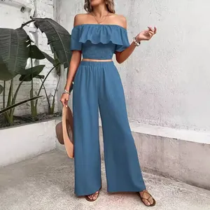 Casual blue off-the-shoulder ruffled crop top and wide-leg pants two-piece set