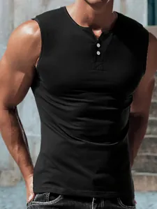 Men's Casual Sleeveless Henley Neck Tank Top Slim Fit Athletic Sporty Summer Solid Color Button Decorated Top