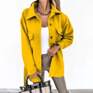 Gelber langärmeliger Wollmantel für Damen mit Revers, Knöpfen und Gürtel