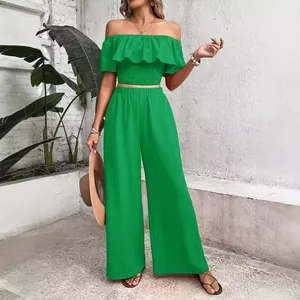 Stylish bright green off-shoulder ruffle top and matching wide-leg pants casual set for women